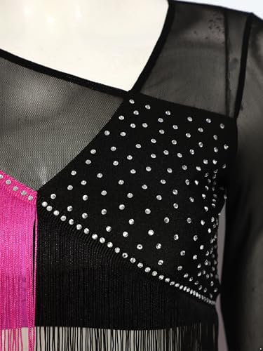 Robe de danse latine rose vif bicolore à manches longues et franges