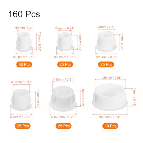 Image of uxcell Nylon Plastic Hole Plug, 160pcs 6 Sizes 0.2 inch /0.24 inch /0.31 inch /0.39 inch /0.51 inch /0.98 inch White Plastic Hole Plugs for Furniture Cabinet Insert End Caps