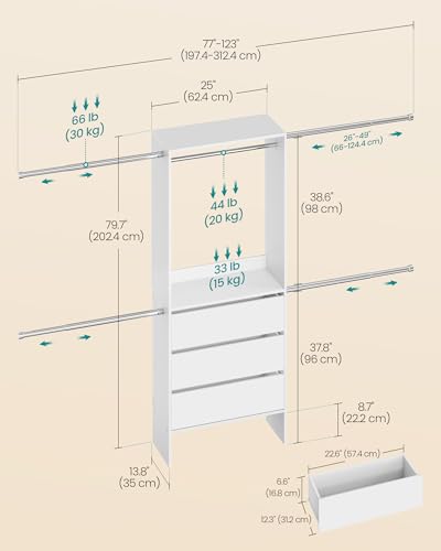 Image of SONGMICS closet system, customizable walk-in closet organizer system with adjustable hanging rods and drawers, white, fits spaces 6.5-10.2 ft URGR043WZ01S