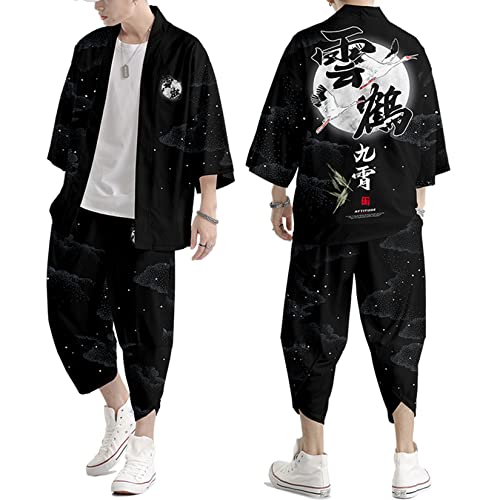 Image of DOSLAVIDA Men's Japanese Kimono Cardigan Suit Chinese Style Printed Jacket Pants Set Open Front Seven Sleeve Top & Shorts