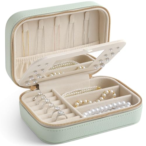 Image of Genuine Leather Travel Jewelry Organizer Case with Mirror for Women, Small Mini Portable Jewelry Box for Ring Earrings Necklace Bracelet Luxury Gift for Women（Mint Green）