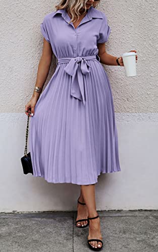 Image of ECOWISH Womens Casual Midi Dresses Solid V Neck Short Sleeve Button Shirt Belted Dress with Pockets for Spring Summer 2026