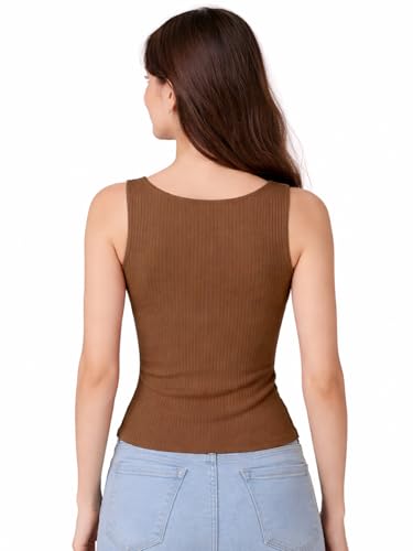 Image of Sizi Women's Ribbed Knit Tank Top with Built-in Padded Support, Square Neck Sleeveless Crop Top, Brown