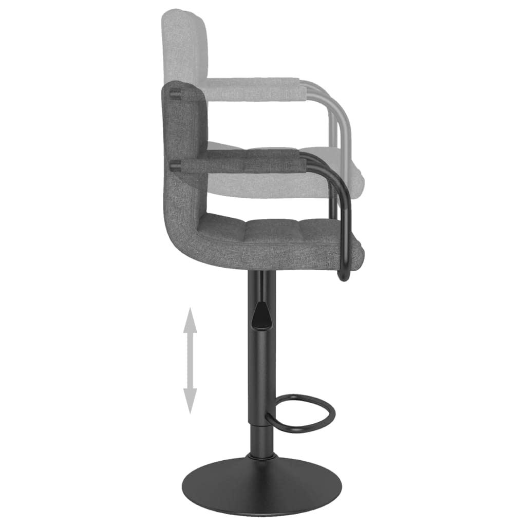 Taburete de bar de tela gris oscuro, altura regulable, elevador de gas, giratorio 360 grados, con reposapiés, silla de bar acolchada de acero con recubrimiento en polvo, para cocina y comedor