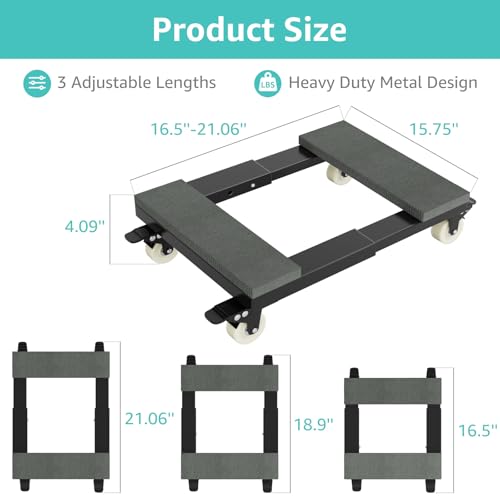 Heavy Duty Adjustable Furniture Moving Dolly - Furniture Movers with 4 Swivel Casters Wheels, Small Wood & Metal Floor Flat Dollies Cart, Set of 2 - Image 3