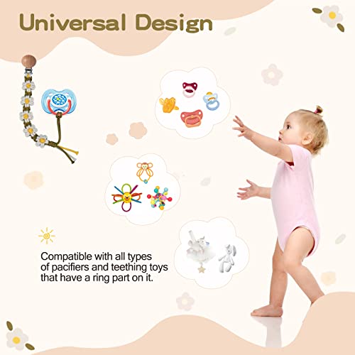 Image of Pacifier Clip for Boys Girls Floral Daisy Macrame Paci Clip Pacifier Holder Leash Boho Wooden Clips Handmade Braided Cotton Unisex Baby Shower Birthday Gift