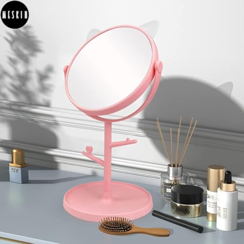 Image of MESKIN Cute Cat Ear Vanity Makeup Mirror with Storage Tray and Jewelry Holder Stand, 360 Desktop Swivel Dressing Table Mirror for Girls, Teens, Dorm Room, Bathroom Mirror (Pack of 1, Pink)