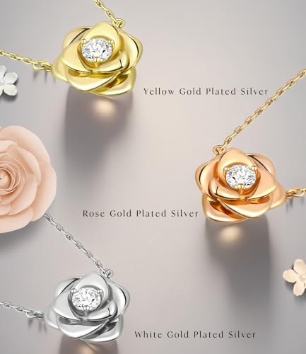 Rose Flower Necklace Gold Plated Sterling Silver Pendant Jewelry for Women, Hypoallergenic & Nickel Free4
