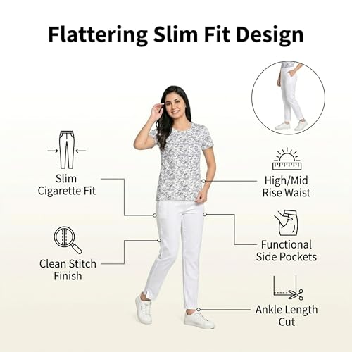 Image of BLUE STAR SHARK Stretchable Cotton Lycra Cigarette Pants | Versatile and Stylish Women's Pants | Comfortable Slim Jeggings | Ankle Length Straight Trousers for Office, Formal, Casual Wear