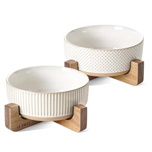 LE TAUCI PET Ceramic Dog Bowls for Medium Large Dogs - 5 Cup Large Dog Food and Water Bowls with Wood Stand, Cute Pet Dishes Set of 2, Lines+Dot