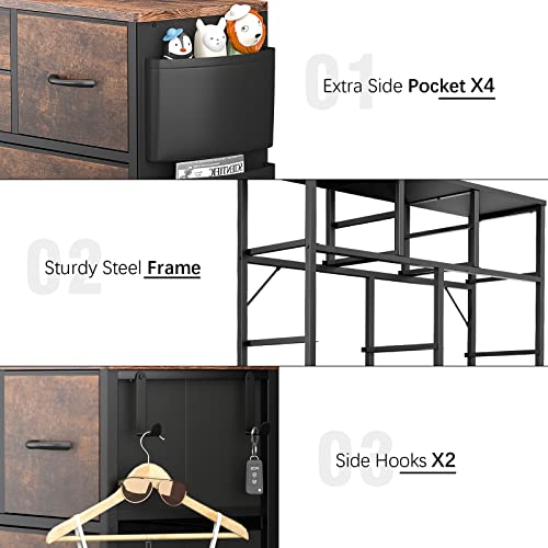 Dresser for Bedroom with 12 Drawers, Fabric Storage Dresser with Side Pockets, Tall Chest of Drawers for Hallway and Closets (Rustic Brown)