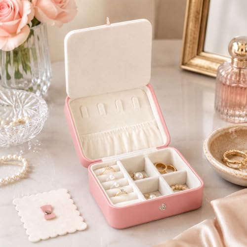 Image of Portable Jewelry Box Organizer for Women - Travel Jewelry Storage Case with Mirror, Rings Compartment, Earrings Slots, Chain Slots & Removable Divider | PU Leather Mini Jewellery Box | Pink