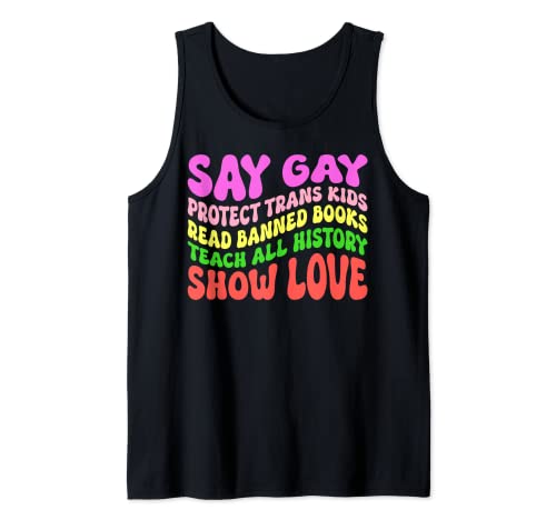 Say Gay Protect Trans Kids Read Banned Books Groovy Funny Camiseta sin Mangas