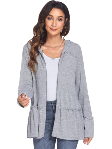 Image of DEESHA Plus Size Zip Up Hoodie for Curvy Women Spring Ruffle Hooded Sweatshirts Jacket Cardigans Lightweight