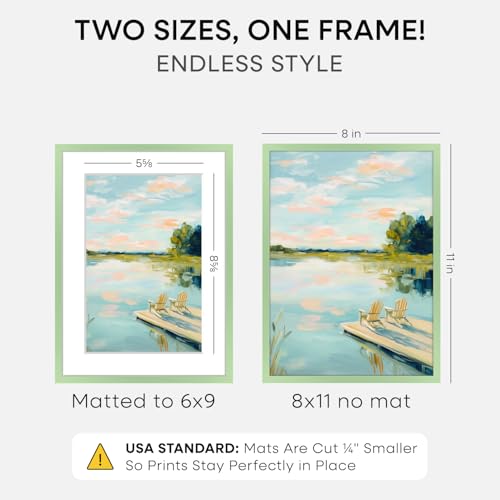 Image of Homeforia 8x11 Green Picture Frame, High-End Metal, 6x9 Mat, Glass | High End Aluminum, Tempered Glass, Acid-Free 6x9 Removable Mat, 8x11 in Edge-to-Edge Display 11x8, Wall Kit, Set Of 2
