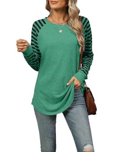 CIZEUR Damen Pullover Rundhalsausschnitt Gestreifte Ärmel aus Patchwork Frühling und Herbst Sweatshirts Blusen Tunika Tops Elegant,Grün L