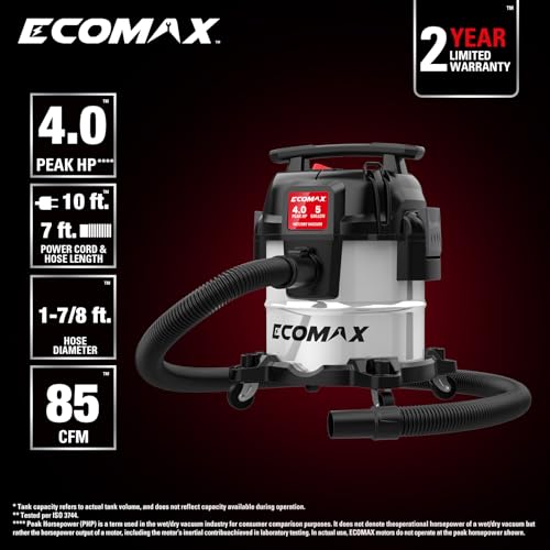 ECOMAX 5 Gallon Ultra Quiet Shop Vacuum Wet and Dry, 4 Peak HP Stainless Steel Shop Vac, Up to 80% Quieter Operation, Durable Long-Life Motor, Portable Vacuum for Garage, Workshop & Jobsite - Image 4