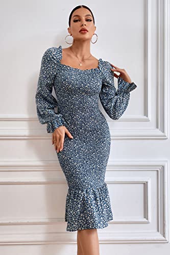 Image of PRETTYGARDEN Women's Long Puff Sleeve Floral Midi Bodycon Dresses Square Neck Ruffle Mermaid Smocked Dress