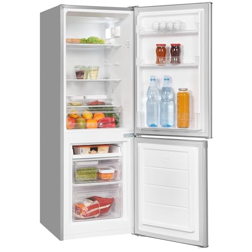 Exquisit® Frigorífico Combi, 173L, Clase E, Color Plateado, Cajón Verdulero, Estantes de Cristal, Altura Regulable, Tiradores Integrados, Luz LED, Consumo 194 kWh/año, Medidas 142,5x50x56 Cm.