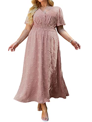 Image of Simplee Women's Plus Size Wedding Guest Dress Short Sleeve Flowy Fall Floral Maxi Dress Boho Maternity Dress for Photoshoot (3XL Pink)
