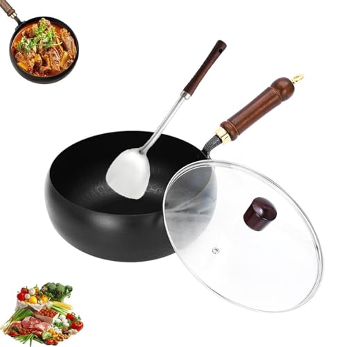 Poêle japonaise en fonte, poêle en fonte non revêtue, 24 cm, forgée à la main, antiadhésive, durable et inoxydable, pour cuisinière à gaz, poêle à sauter à fond rond avec couvercle. (24cm,D,1)