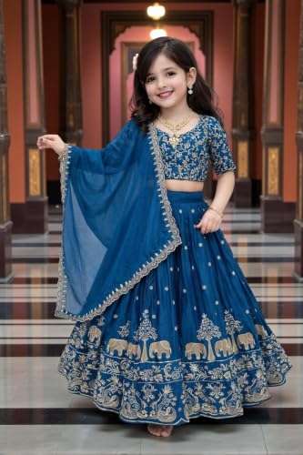 Image of Kids Chiffon Lehenga Choli, Embroidered Elephant and Floral Print, Festive Ethnic Wear with Dupatta