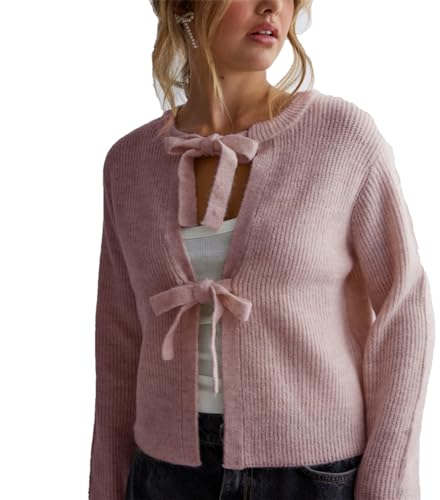 Y2k Girls Tie Front Knitwear Cardigan Top Women Long Sleeve Open Front Knitted Crop Cardigan Sweater Streetwear