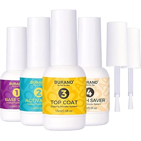 BURANO Dip Powder Liquid Set, 0.5oz Large Capacity Dip Powder Base & Top Coat with Activator Brush Saver for Dipping Powder Nail Kit Cover