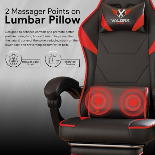 Image of ValorX USA Striker 2026 Edition | Ergonomic Gaming & Office Computer Chair | Premium PU Leather | Dual Massager Back Support | Adjustable Neck & Lumbar Pillow | Ergo Sync Armrests | Footrest (Red)