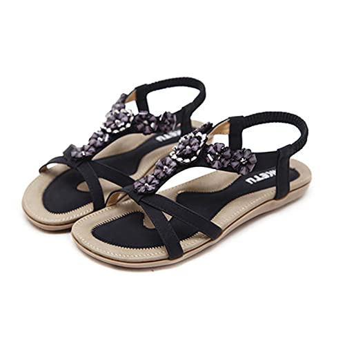 Sytaun Frauen-Flache Sandale, Damen-Sandale, Böhmische Frauen-Sandalen Offene Zehen-Flache Ferse-Schuhe Blumenperlen Anti-Rutsch-Sandalen Für Strand Schwarz 41 Cover