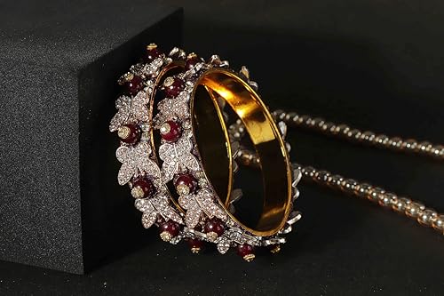 Image of LAVAZZA Stylish Butterfly Design Golden Metal with Zircon Diamond & Pearls Moti Bangles Kada For Women & Girls | Traditional Girl's Bangles Bracelet | Women's Kangan Wedding, Party-Set of 2