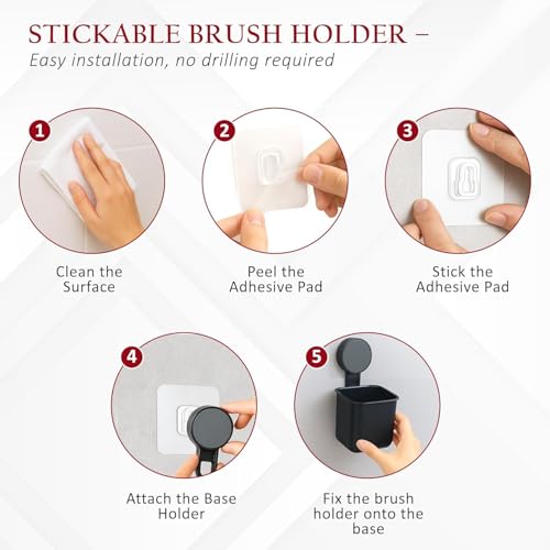 Image of Wall-Mounted Tooth Brush Holder Bathroom - Self-Adhesive Bathroom Organiser Without Drill for Toothbrushes, Toothpaste and Makeup Brushes - Plastic Brush Holder for Bathroom (2, Black)