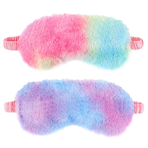 2 Pack Plush Sleeping Eye Mask Soft Plush Eye Mask Fuffy Eye Cover Comfortable Sleep Mask Blindfold Rainbow Faux Fur Eye Shade for Women Men and Kids Travel Nap Sleeping
