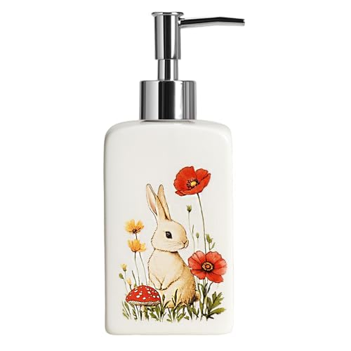 CHOOLD Ceramic Rabbit Flowers and Mushroom Soap Dispenser with Plastic Pump Refillable Lotion Hand Soap Container Lotion Bottle
