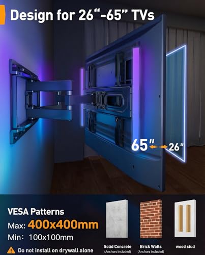 Perlegear TV Wandhalterung für 26-65 Zoll TVs bis 45 kg, LED-Hintergrundbeleuchtung mit Musik-Synchronisation, Max VESA 400x400mm mit Schwenk, Erweiterungs und Neigefunktion PGMF20 – Bild 3