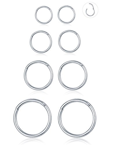 Tornito 8Pcs 16G Stainles Steel Clicker Ring Seamless Lip Nose Daith Cartilage Helix Tragus Hoop Ring
