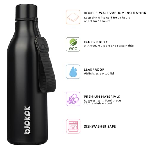Image of BJPKPK Insulated Water Bottles, 25 oz Stainless Steel Metal Water Bottle with Strap, BPA Free Leak Proof Jugs, Mugs, Flasks, Reusable Thermal Flasks for Sports & Travel, Black