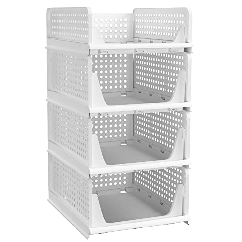 Pinkpum Stackable Plastic Storage Basket-Foldable Closet Organizers And Storage Bins 4 Pack-Drawer Shelf Storage Container For Wardrobe Cupboard Kitchen Bathroom Office 1S+3L #TOP9