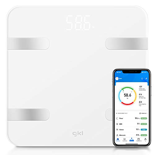 Grunkel GKL FITBLUE300 WHITE/BLACK   Báscula numérica de alta precisión, aplicación móvil gratuita, 12 parámetros, 8 usuarios diferentes y apagado automático   Blanco/Negro (Blanco)