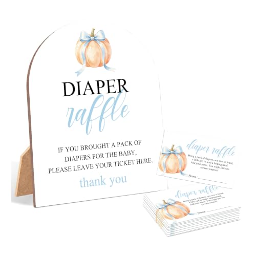 Pumpkin Baby Shower Diaper Raffle Set, Pack of 1 Arch Wooden Tabletop Sign with Stand and 25 Diaper Raffle Tickets, Blue Bow Baby Shower Game for Guests, Gender Reveal Party Decoration -E02