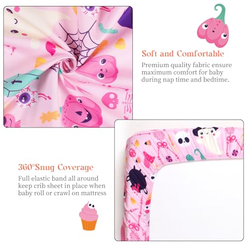 Image of JISEN Halloween Crib Sheet Soft Breathable Skeleton Ghost Fitted Crib Sheets for Standard Crib and Toddler Mattress Baby Bed Sheets for Boys Girls Neutral 52x28 Inch Pink