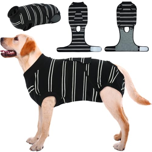 Image of Kuoser Dog Surgery Recovery Suit, Soft Breathable Dog Recovery Suit for Female Spay Male Nueuter, Anti Licking Puppy Onesie Pet Surgical Suit for Dogs Abdominal Wounds Skin Disease, Black Strips 2XL