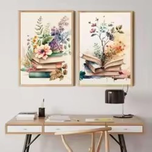 Peinture murale aquarelle florale et livres avec cadre 40x60 cm pour salon