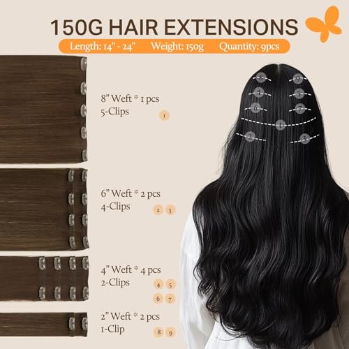 Image of DOORES Human Hair Clip Extensions, Chocolate Brown 150g 9pcs 16 Inch, Remy Human Hair Extensions Natural Straight