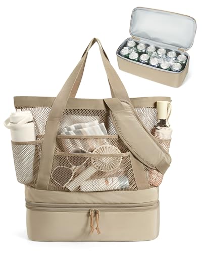BAGSMART Beach Bag for Women Mesh Tote Bags with Zipper Sandproof Vacation Essentials with Cooler for Swim Cruise Pool (Camel)