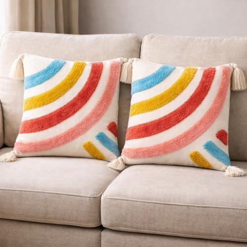 Image of COZY FURNISH Decorative Throw Pillow Covers 16x16 Inch Pack of 2 - Premium Boho Cushion Covers for Couch, Sofa, Bed, Living Room & Bedroom Home Decor (Multicolor)