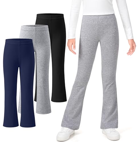 KEREDA 3 Pack School Uniform Pants for Girls Flare Leggings Bell Bottoms Trendy Clothes for Teen Girls Kids Black-Light Gray-Navy 7-8 Years