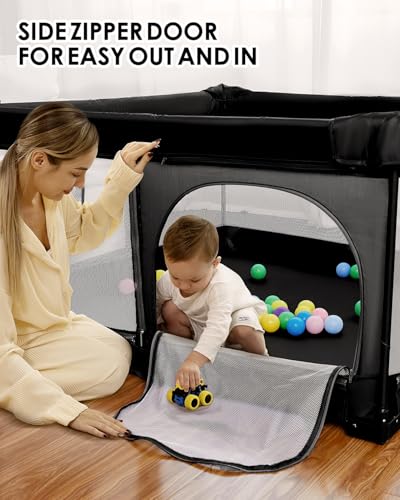 Image of Veraste Foldable Baby Playpen, 51 inchx51 inch Indoor & Outdoor Play Yard with Single-Joint Frame, Breathable Mesh, Non-Slip Base, Portable Playpen for Toddlers and Infants (Black)