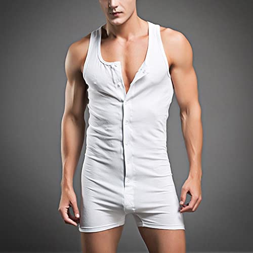 Men's One Piece Bodysuit Onesie Henley Jumpsuit Cotton Pajamas Garment Sleeveless Singlet Underwear3