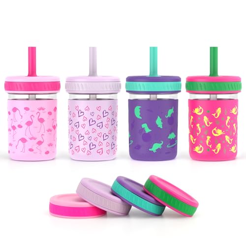 Sursip Toddler Glass Cups with Straw Spill-Proof Kids Mason Jar Food Storage with Lids Sippy Cups for Drinks Smoothies Snacks Milk Cup [4 Pack] 8 oz 2-in-1